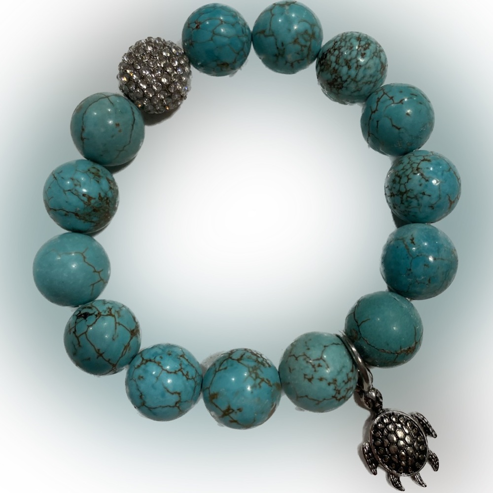 Turquoise Beaded Bracelet With Turtle Charm & Faux Diamond Bead